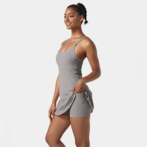 Halara Airy Backless Cut Out 2-in-1 Pocket Yoga Dress-UPF50+ grey - Picture 3 of 10